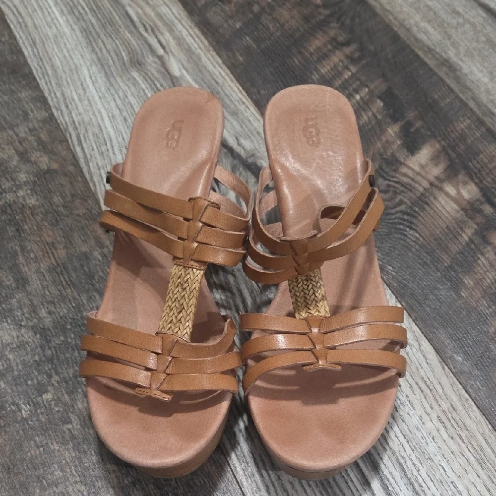 UGG Tan Leather Wedge Sandals